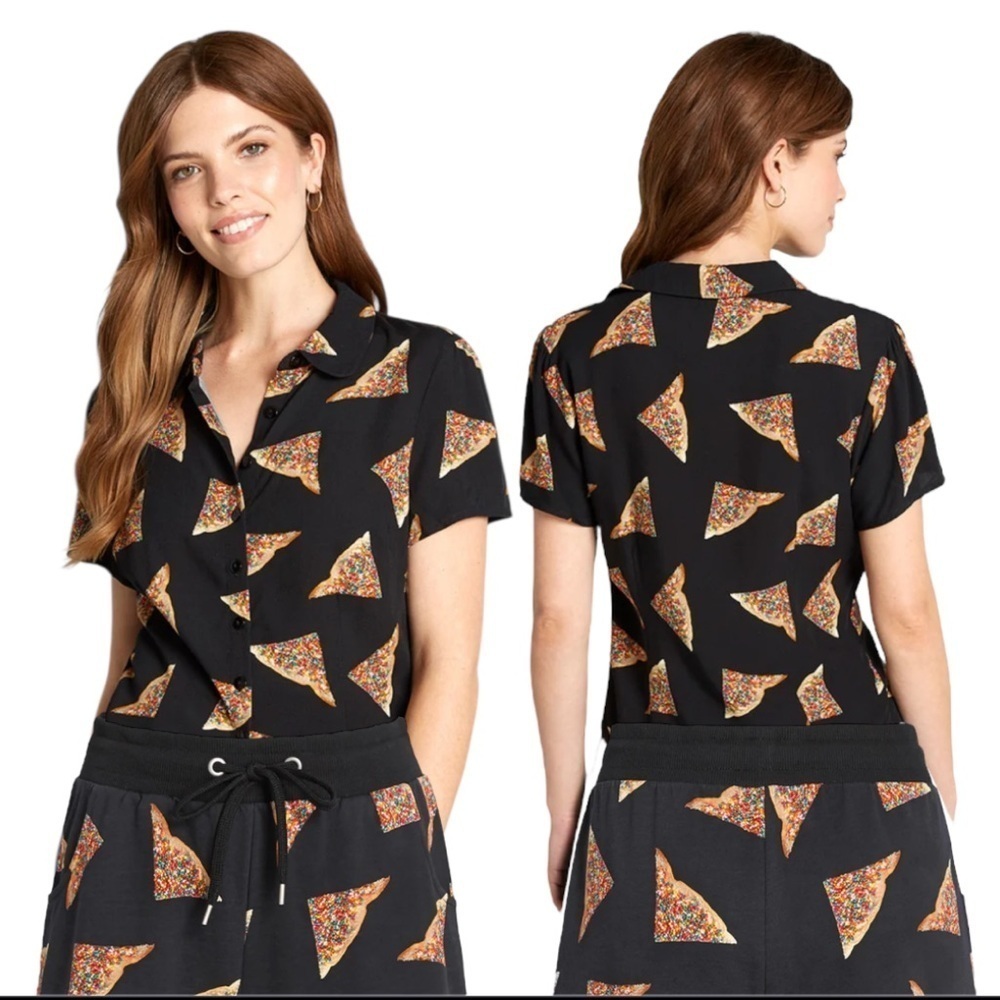 Dangerfield Fairy Bread Short Sleeve Button Novelty Shirt Black Size 8/ Medium